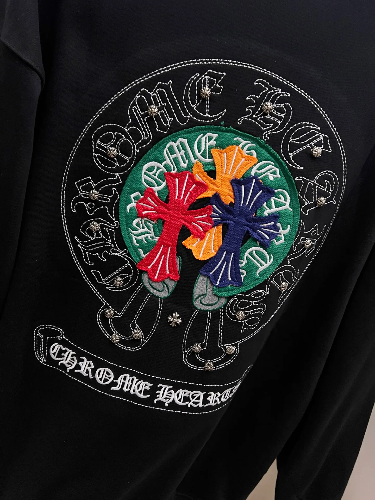 🅿️310 CH Cro 2025 Autumn and Winter New Style Customized 430g double yarn fabric, round neck long-sleeved sweatshirt, chest cross patch embroidery process, classic Sanskrit letter embroidery patch + hardware design process, high-end version! The same loose version for men and women S M L XL XXL five sizes color black white